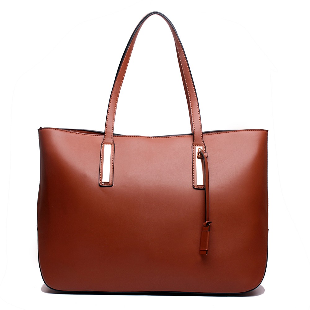 L1435 - Miss Lulu Leather Look Large Shoulder Tote Bag Brown