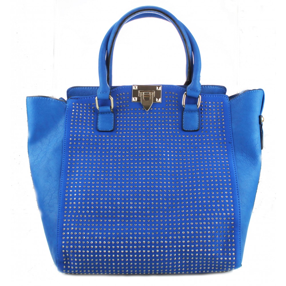 L1408 - Miss Lulu Leather Look Studded Shoulder Handbag Blue