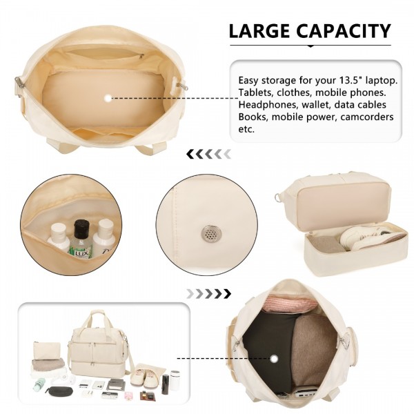 EA2348 - Kono Waterproof Multi-Pocket Travel Duffel Bag Set With Dedicated Shoe Compartment - Beige