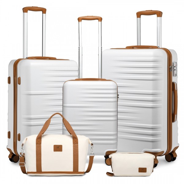 K2391L+S2366 - British Traveller 5 Piece Polypropylene and ABS Hard Shell Suitcase Set with Travel Tote and Cosmetic Pouch - Beige and Brown