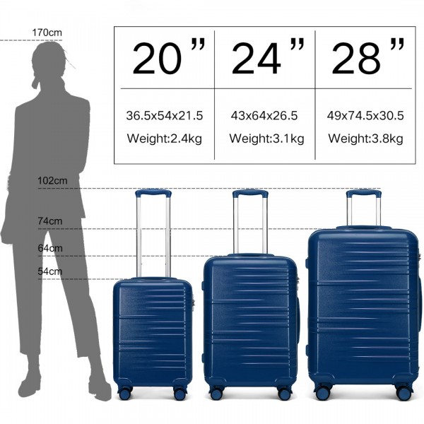 K2391L - British Traveller 3 Pcs Set Durable Polycarbonate and ABS Hard Shell Suitcase With TSA Lock - Navy