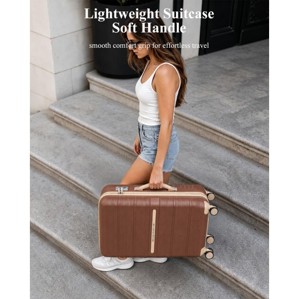K2392L - British Traveller 20 Inch Multi-Texture Polypropylene Hard Shell Suitcase With TSA Lock - Brown And Apricot