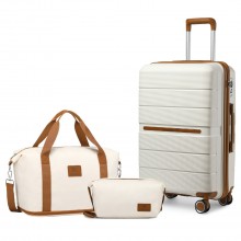 K2392L+S2366 - British Traveller 20 Inch Multi-Texture Polypropylene Cabin Size Suitcase 3 Piece Travel Set with Travel Tote and Cosmetic Pouch - Cream