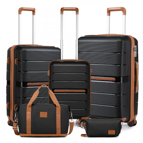K2392L+S2366 - British Traveller 5 Stück Polypropylen Hartschale Kofferset Mit Tragetasche und Kosmetiktasche - Schwarz