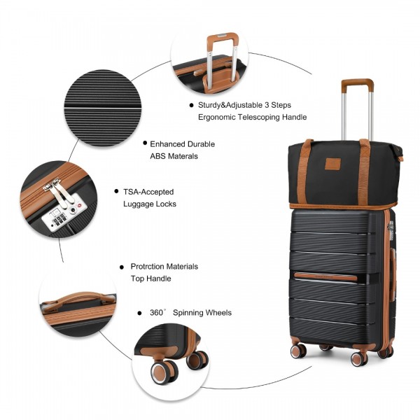 K2392L+S2366 - British Traveller 5 Stück Polypropylen Hartschale Kofferset Mit Tragetasche und Kosmetiktasche - Schwarz