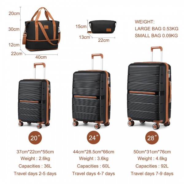 K2392L+S2366 - British Traveller 5 Stück Polypropylen Hartschale Kofferset Mit Tragetasche und Kosmetiktasche - Schwarz