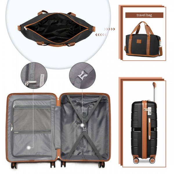 K2392L+S2366 - British Traveller 5 Stück Polypropylen Hartschale Kofferset Mit Tragetasche und Kosmetiktasche - Schwarz