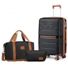K2392L+S2366 - British Traveller 20 Zoll Multi-Textur Polypropylen Kabinengröße Koffer 3-teiliges Reiseset mit Reisetasche und Kosmetiktasche - Schwarz