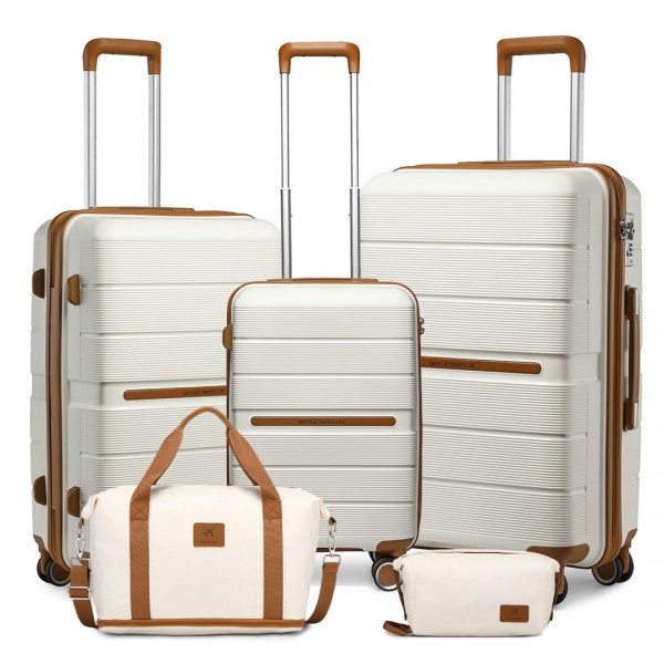 K2392L+S2366 - British Traveller 5 Stück Polypropylen Hartschale Kofferset Mit Tragetasche und Kosmetiktasche - Creme