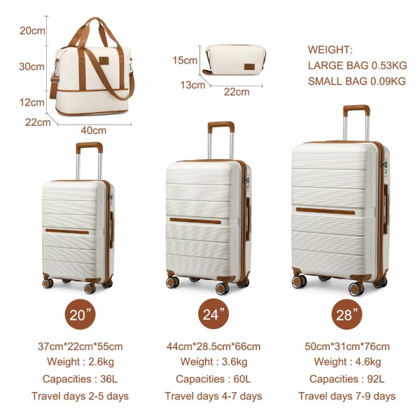 K2392L+S2366 - British Traveller 5 Stück Polypropylen Hartschale Kofferset Mit Tragetasche und Kosmetiktasche - Creme