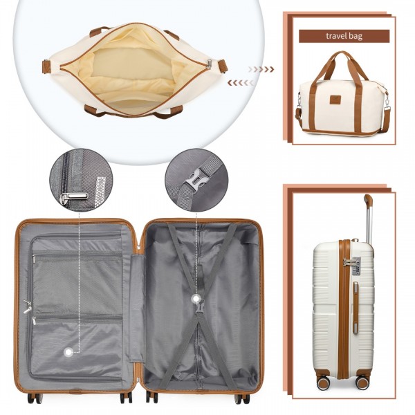 K2392L+S2366 - British Traveller 5 Stück Polypropylen Hartschale Kofferset Mit Tragetasche und Kosmetiktasche - Creme