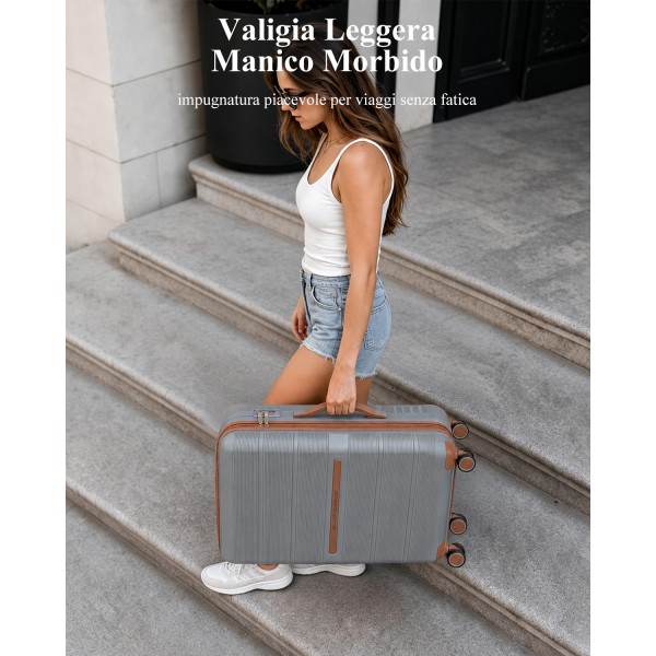 K2392L - British Traveller 20 Inch Multi-Texture Polypropylene Hard Shell Suitcase With TSA Lock - Grey And Brown