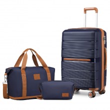 K2392L+S2366 - British Traveller 20 Inch Multi-Texture Polypropylene Cabin Size Suitcase 3 Piece Travel Set with Travel Tote and Cosmetic Pouch - Navy