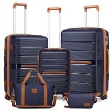 K2392L+S2366 - British Traveller 5 Piece Polypropylene Hard Shell Suitcase Set With Tote Bag and Cosmetic Pouch - Navy