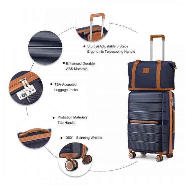 K2392L+S2366 - British Traveller 5 Stück Polypropylen Hartschale Kofferset Mit Tragetasche und Kosmetiktasche - Marineblau