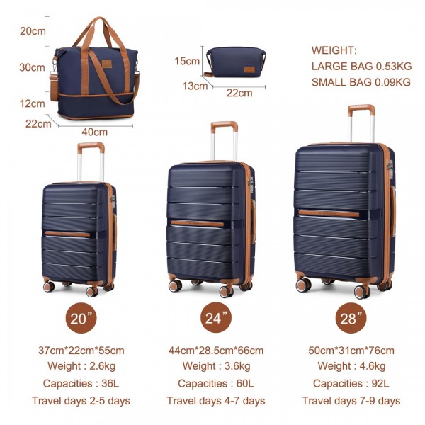 K2392L+S2366 - British Traveller 5 Stück Polypropylen Hartschale Kofferset Mit Tragetasche und Kosmetiktasche - Marineblau