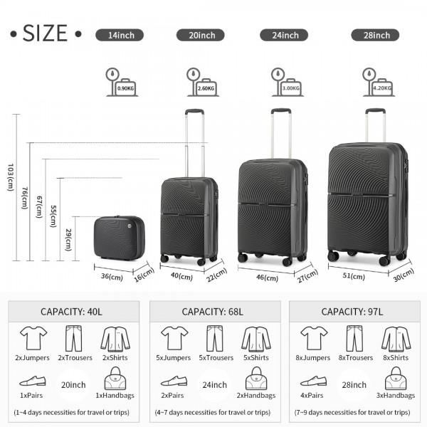 K2393L - British Traveller 4 Pcs Set Spinner Hard Shell PP Suitcase With TSA Lock And Vanity Case - Black