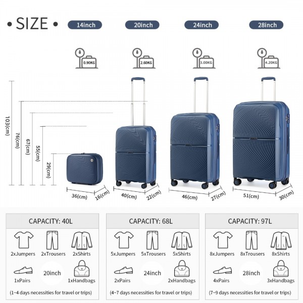 K2393L - British Traveller 4 Pcs Set Spinner Hard Shell PP Suitcase With TSA Lock And Vanity Case - Navy