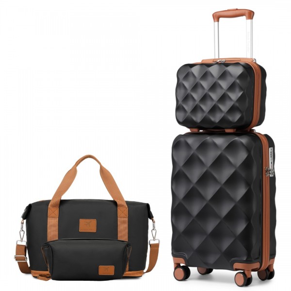 K2395L+S2366 - British Traveller 20 Inch Ultralight ABS And Polycarbonate Cabin Size Suitcase Included Vanity Case And Travel Tote And Cosmetic Pouch - Black And Brown