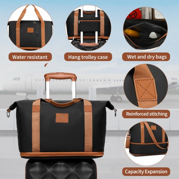 K2395L+S2366 - British Traveller 20 Inch Ultralight ABS And Polycarbonate Cabin Size Suitcase Included Vanity Case And Travel Tote And Cosmetic Pouch - Black And Brown