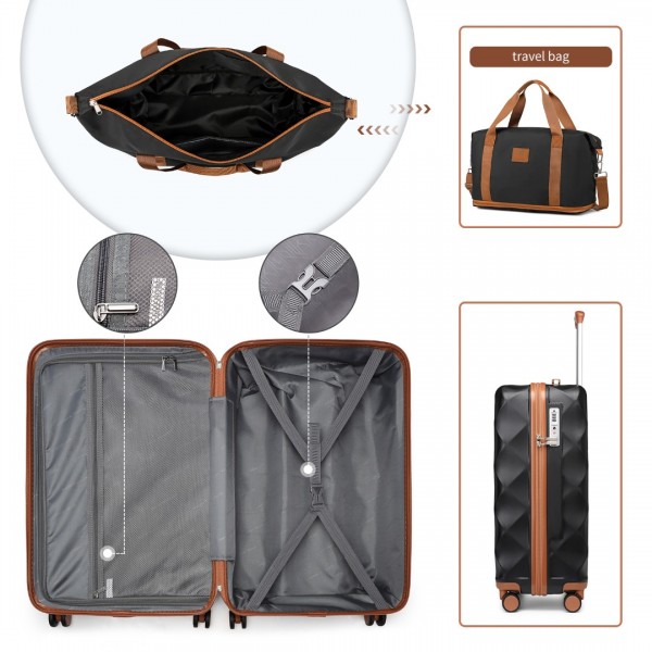 K2395L+S2366 - British Traveller 20 Inch Ultralight ABS And Polycarbonate Cabin Size Suitcase Included Vanity Case And Travel Tote And Cosmetic Pouch - Black And Brown
