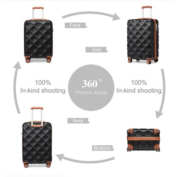 K2395L+S2366 - British Traveller 20 Inch Ultralight ABS And Polycarbonate Cabin Size Suitcase Included Vanity Case And Travel Tote And Cosmetic Pouch - Black And Brown