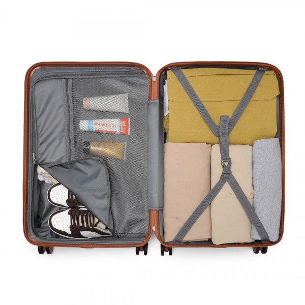 K2395L+S2366 - British Traveller 20 Inch Ultralight ABS And Polycarbonate Cabin Size Suitcase Included Vanity Case And Travel Tote And Cosmetic Pouch - Black And Brown