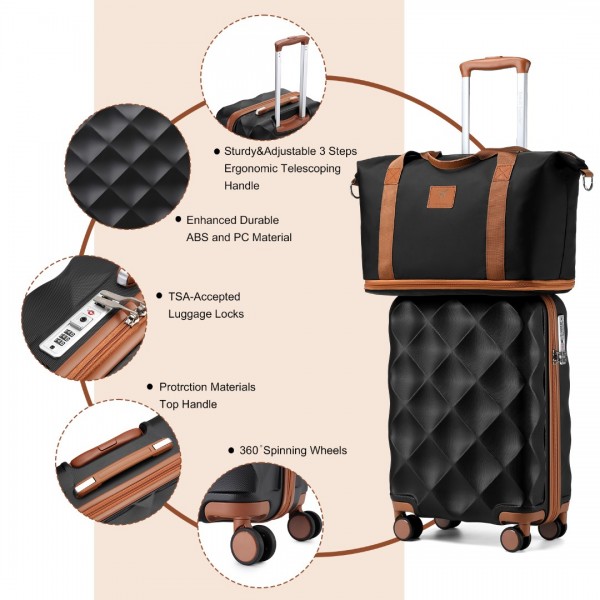 K2395L+S2366 - British Traveller 20 Inch Ultralight ABS And Polycarbonate Cabin Size Suitcase Included Vanity Case And Travel Tote And Cosmetic Pouch - Black And Brown