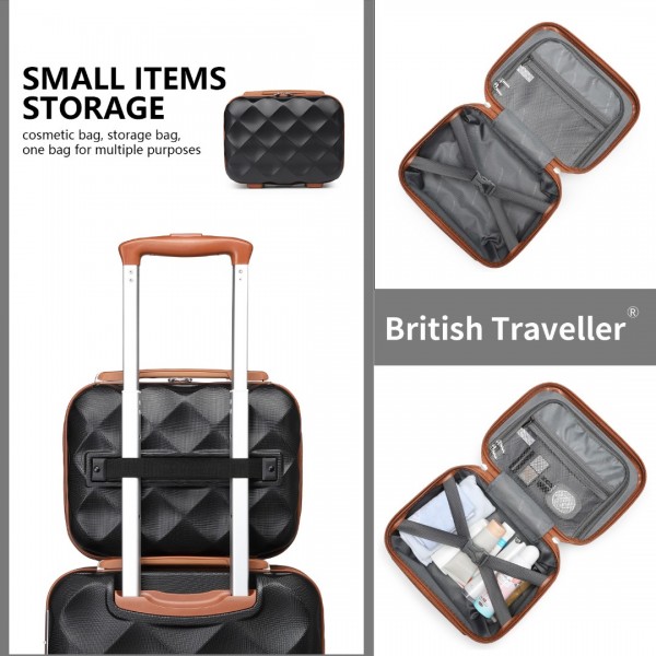 K2395L+S2366 - British Traveller 20 Inch Ultralight ABS And Polycarbonate Cabin Size Suitcase Included Vanity Case And Travel Tote And Cosmetic Pouch - Black And Brown