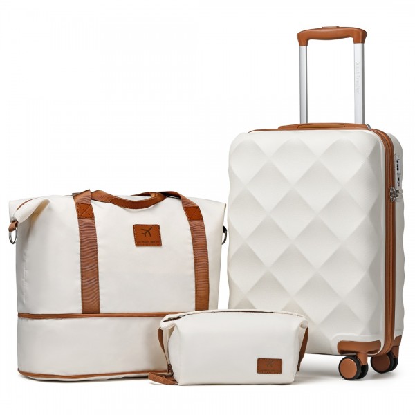 K2395L+S2366 - British Traveller 20 Inch Ultralight ABS And Polycarbonate Cabin Size Suitcase 3 Piece Travel Set with Travel Tote and Cosmetic Pouch - Cream