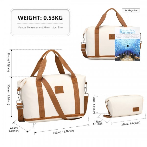 K2395L+S2366 - British Traveller 20 Inch Ultralight ABS And Polycarbonate Cabin Size Suitcase 3 Piece Travel Set with Travel Tote and Cosmetic Pouch - Cream