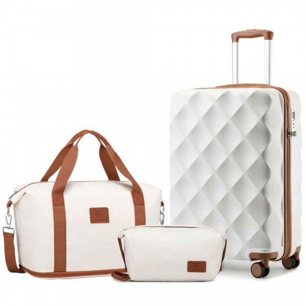 K2395L+S2366 - British Traveller 20 Inch Ultralight ABS And Polycarbonate Cabin Size Suitcase 3 Piece Travel Set with Travel Tote and Cosmetic Pouch - Cream