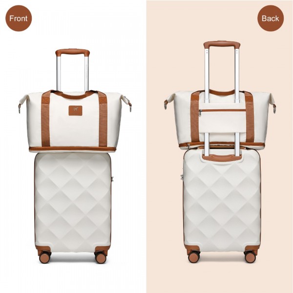 K2395L+S2366 - British Traveller 20 Inch Ultralight ABS And Polycarbonate Cabin Size Suitcase 3 Piece Travel Set with Travel Tote and Cosmetic Pouch - Cream
