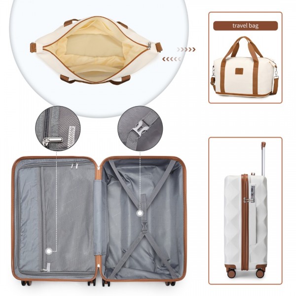 K2395L+S2366 - British Traveller 20 Inch Ultralight ABS And Polycarbonate Cabin Size Suitcase 3 Piece Travel Set with Travel Tote and Cosmetic Pouch - Cream
