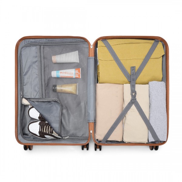 K2395L+S2366 - British Traveller 20 Inch Ultralight ABS And Polycarbonate Cabin Size Suitcase 3 Piece Travel Set with Travel Tote and Cosmetic Pouch - Cream