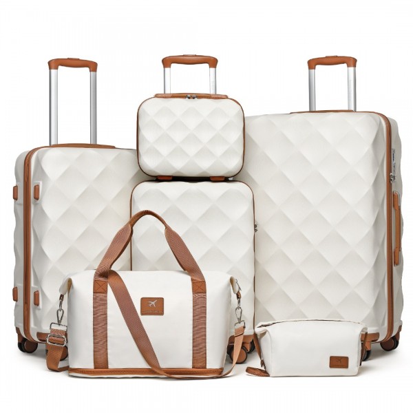 K2395L+S2366 - British Traveller 6 Piece Ultralight ABS And Polycarbonate Suitcase Set With Travel Tote And Cosmetic Pouch - Cream