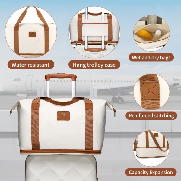 K2395L+S2366 - British Traveller 6 Piece Ultralight ABS And Polycarbonate Suitcase Set With Travel Tote And Cosmetic Pouch - Cream