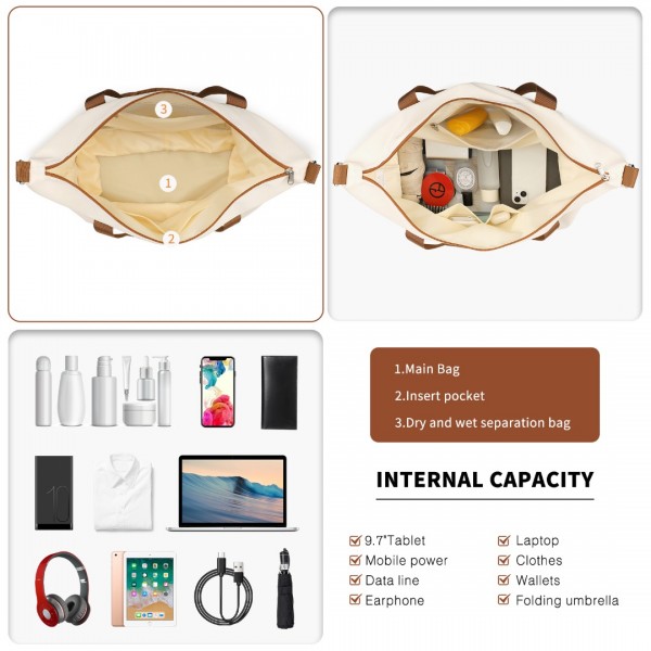 K2395L+S2366 - British Traveller 6 Piece Ultralight ABS And Polycarbonate Suitcase Set With Travel Tote And Cosmetic Pouch - Cream