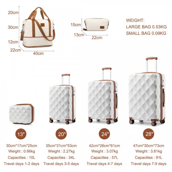 K2395L+S2366 - British Traveller 6 Piece Ultralight ABS And Polycarbonate Suitcase Set With Travel Tote And Cosmetic Pouch - Cream