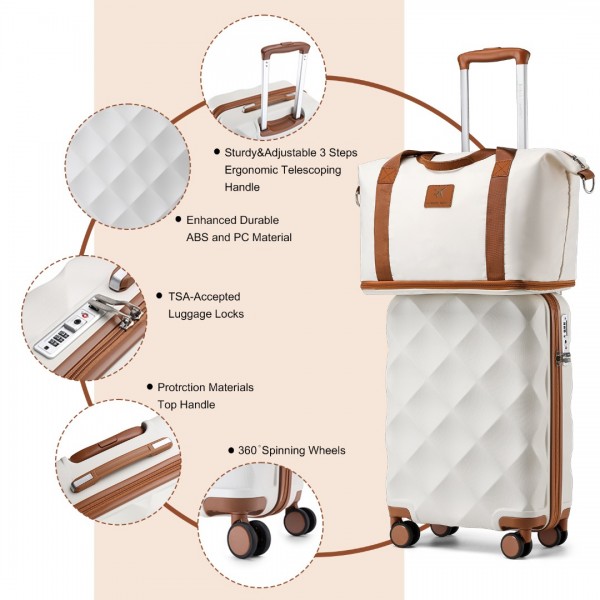 K2395L+S2366 - British Traveller 6 Piece Ultralight ABS And Polycarbonate Suitcase Set With Travel Tote And Cosmetic Pouch - Cream
