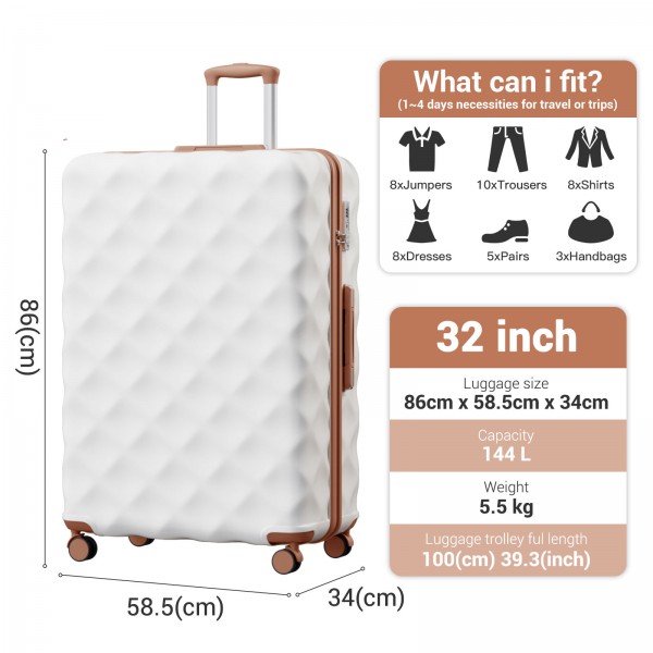 K2395L - British Traveller 32 Inch Extra-Large Diamond Texture ABS+PC Hard-Shell Spinner Suitcase with Telescopic Handle - Cream