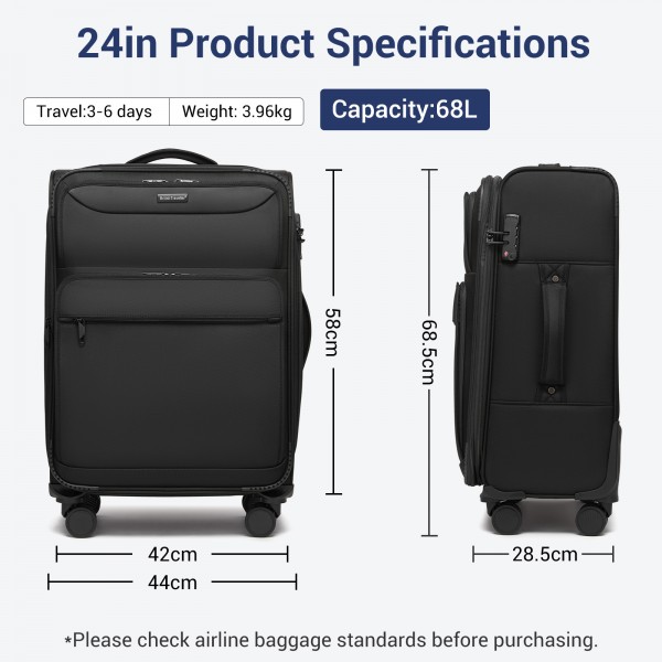 KSB2582 - British Traveller 24-Inch Expandable Softshell Suitcase with TSA Lock, Silent Spinner Wheels & Laptop Compartment - Black