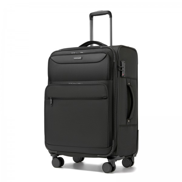 KSB2582 - British Traveller 24-Inch Expandable Softshell Suitcase with TSA Lock, Silent Spinner Wheels & Laptop Compartment - Black