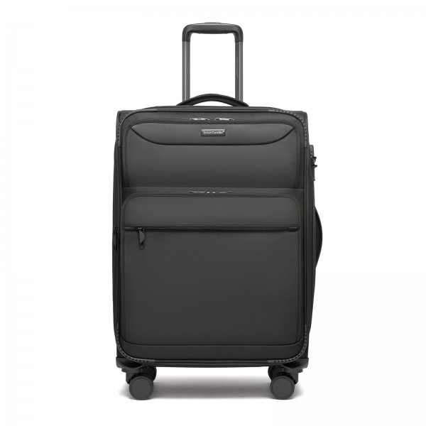 KSB2582 - British Traveller 24-Inch Expandable Softshell Suitcase with TSA Lock, Silent Spinner Wheels & Laptop Compartment - Black