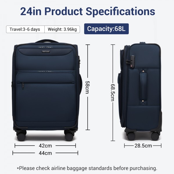 KSB2582 - British Traveller 24-Inch Expandable Softshell Suitcase with TSA Lock, Silent Spinner Wheels & Laptop Compartment - Navy