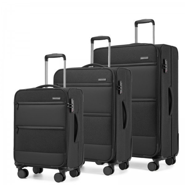 KSB2597 - British Traveller Sleek Tough 3-Piece Travel Soft-Shell Suitcase with Silent TPE Spinners, TSA Security and Expandable Checked Sizes - Black