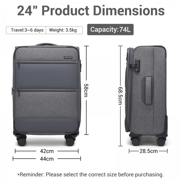 KSB2597 - British Traveller Eleganter, robuster 24-Zoll-Weichschalenkoffer mit leisen TPE-Rollen, TSA-Sicherheit und erweiterbarem Volumen - Grau