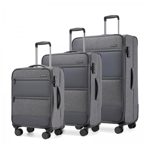 KSB2597 - British Traveller Sleek Tough 3-Piece Travel Soft-Shell Suitcase with Silent TPE Spinners, TSA Security and Expandable Checked Sizes - Grey