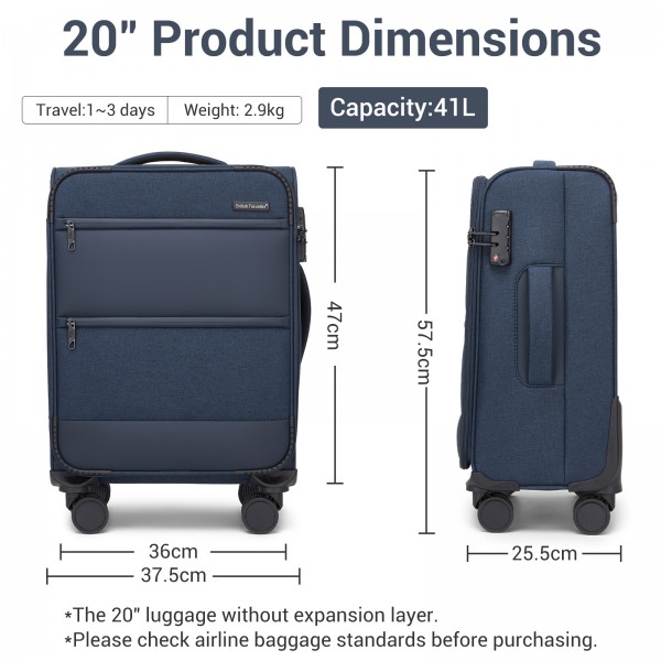 KSB2597 - British Traveller Sleek Tough 20 Inch Travel Soft-Shell Suitcase with Silent TPE Spinners, TSA Security and Laptop Sleeve - Navy