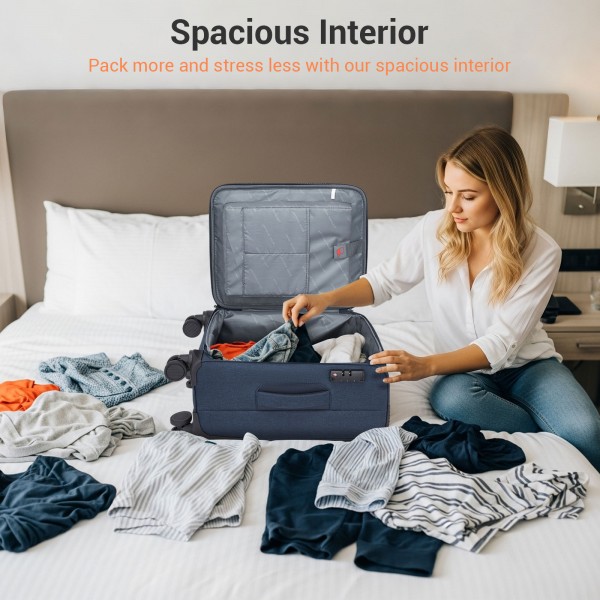 KSB2597 - British Traveller Sleek Tough 20 Inch Travel Soft-Shell Suitcase with Silent TPE Spinners, TSA Security and Laptop Sleeve - Navy